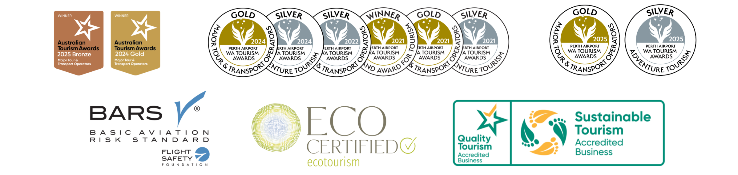 Various tourism and safety certification badges and logos in a row.