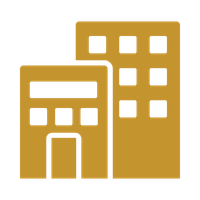 Simple icon of two gold buildings with windows.